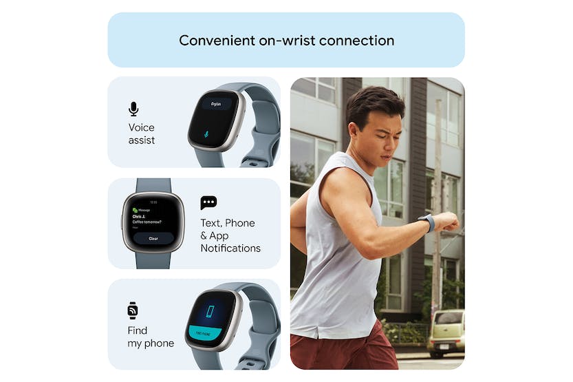Fitbit Versa 4 Smartwatch in Waterfall Blue & Platinum, fitness tracking, heart rate monitor - Keans Claremorris