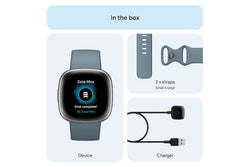 Fitbit Versa 4 Smartwatch in Waterfall Blue & Platinum, fitness tracking, heart rate monitor - Keans Claremorris