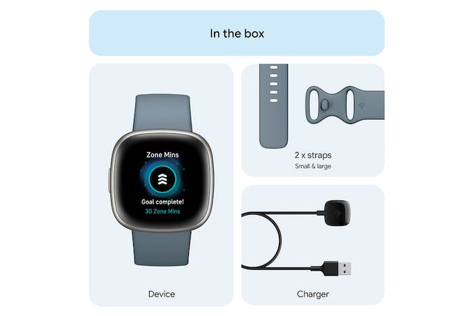 Fitbit Versa 4 Smartwatch in Waterfall Blue & Platinum, fitness tracking, heart rate monitor - Keans Claremorris