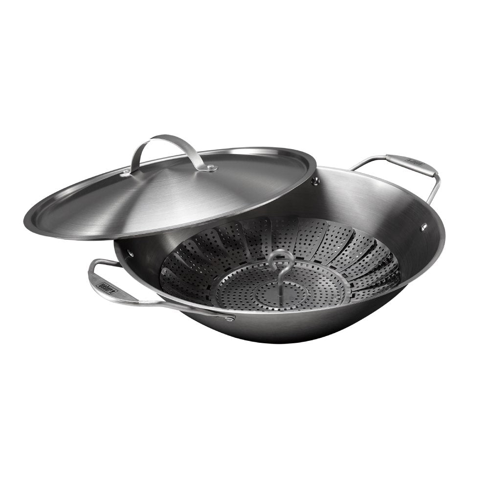 Weber Crafted Premium Stainless Steel Wok & Steamer Set for BBQ grilling, multi-cooking, dishwasher safe – available at