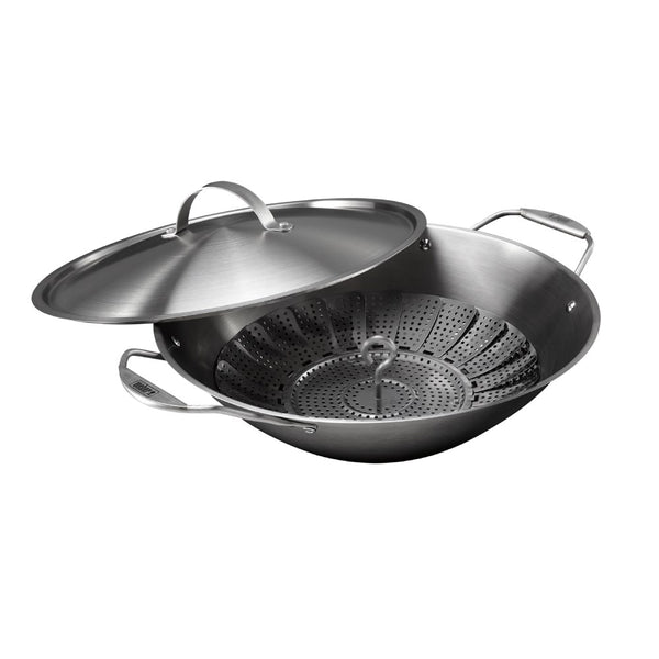 Weber Crafted Premium Stainless Steel Wok & Steamer Set for BBQ grilling, multi-cooking, dishwasher safe – available at