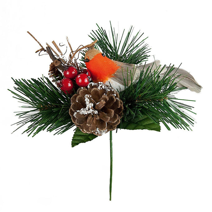 Robin Christmas Pick 17cm with festive greenery, decorative bird accent for wreaths, trees, and holiday décor – Keans
