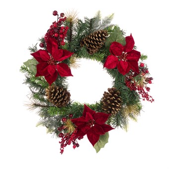 Poinsettia Berry Pine Wreath with lush pine and vibrant berries, festive holiday decor by Keans Claremorris