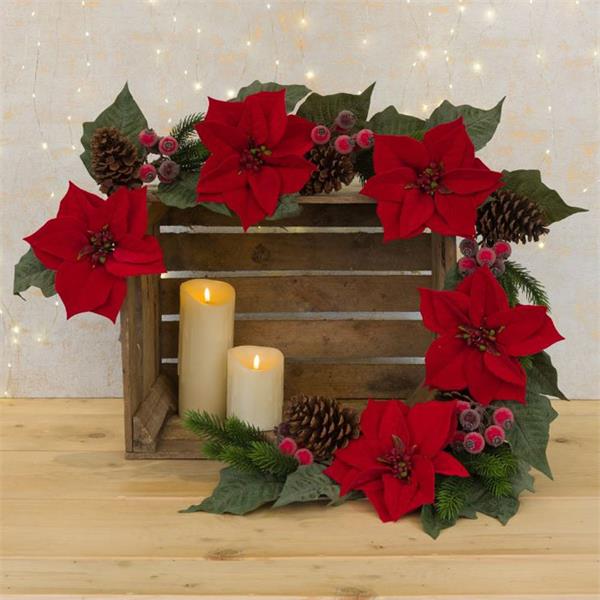 Deluxe Poinsettia Garland 150cm with red flowers and green leaves, festive holiday decor from Keans Claremorris