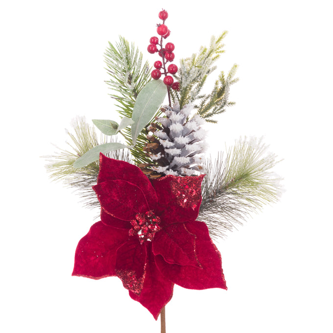 Realistic 46cm Poinsettia Snowy Cone Pick with bright red petals, durable plastic – festive decor from Keans Claremorris.