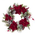 Poinsettia Snowy Cone Wreath with artificial evergreen foliage and snowy cones, festive holiday decor by Keans Claremorris