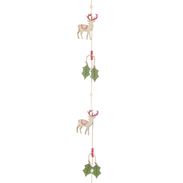 Wooden Reindeer and Holly Garland 124cm with Christmas tree shapes, natural wood festive decor – Keans Claremorris