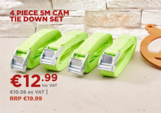Faithfull 4 Piece 5m Cam Tie Down Set, durable polyester straps with cam buckles, EN12195-2 certified, from Kean’s