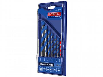 Faithfull 7-piece multi construction drill bit set with diamond carbide tips for brick, tile, metal, wood – available at
