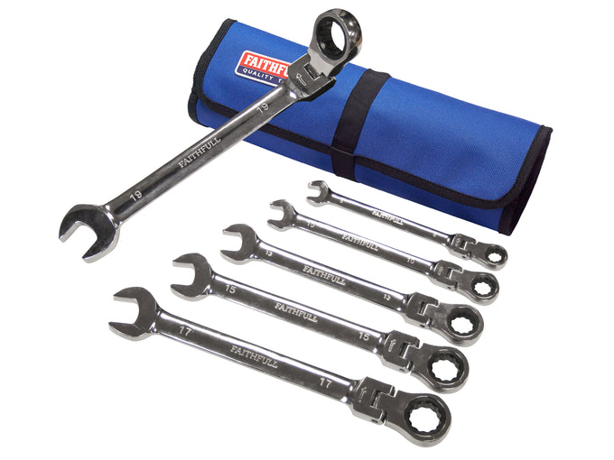 Faithfull 6-piece ratchet spanner set with 180° flexible heads, chrome vanadium steel, in fabric tool roll – Kean’s