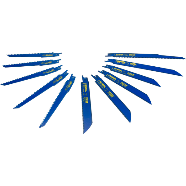 IRWIN 11 Piece Reciprocating Blade Set with wood and metal cutting blades, durable bi-metal, available at Keans Claremorris.
