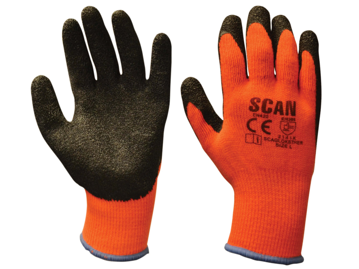 Scan Orange/Black Knitshell Thermal Gloves (3 Pairs) with latex grip, high-visibility, warm, ideal for construction - Keans