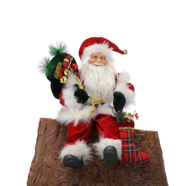 Sitting Traditional Santa 60cm in red and tartan with stocking – festive decor by Keans Claremorris