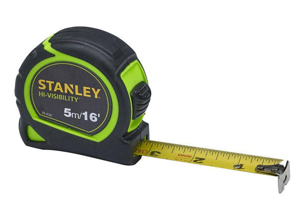 Stanly Tylon Hi-Vis Tape Measure 5m/16ft with durable casing, high visibility, available at Keans Claremorris.