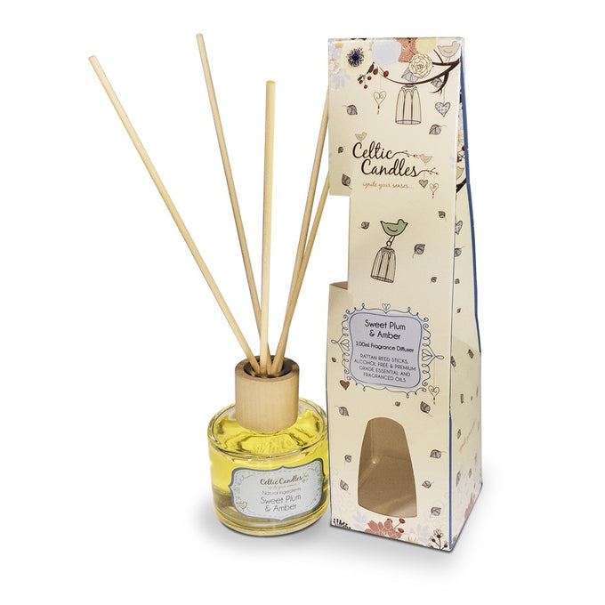 Sweet Plum & Amber 100ml fragrance diffuser with plant-based wax, recycled glass jar, 50-hour burn by Keans Claremorris
