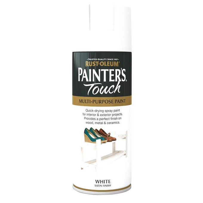 Painters Touch Satin White 400ml spray paint, fast-drying, durable finish, multi-purpose, from Keans Claremorris.