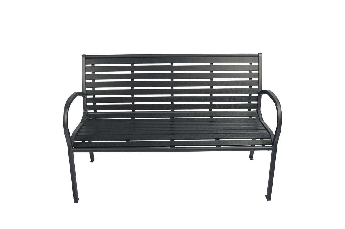 Polywood slatted black garden bench, durable low-maintenance seating by Keans Claremorris, ideal for outdoor use.