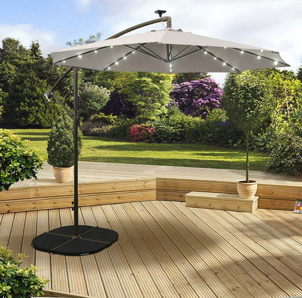 Overhang Solar LED Parasol 2.7m Beige with solar lights, ideal for large areas, from Keans Claremorris.