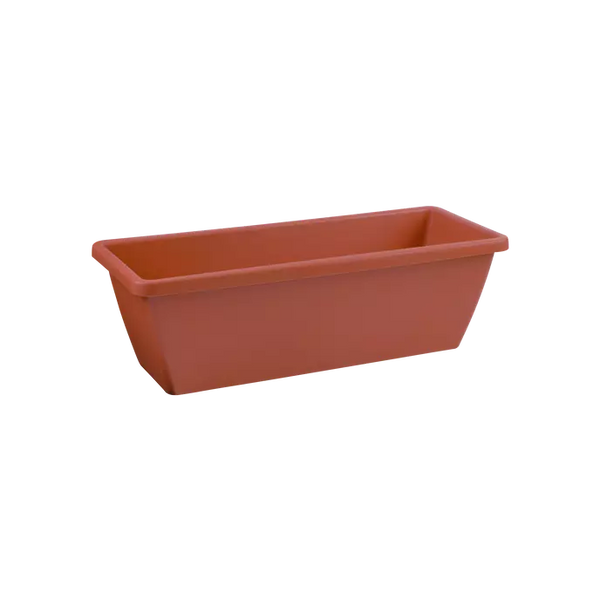 Barcelona Trough 50cm Terra balcony planter with integrated drainage, recycled plastic, and matching saucer – Keans