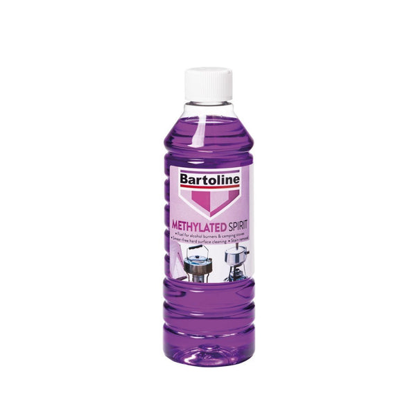 Bartoline Methylated Spirits 500ml for cleaning, stain removal, and camping stove fuel - available at Keans Claremorris.