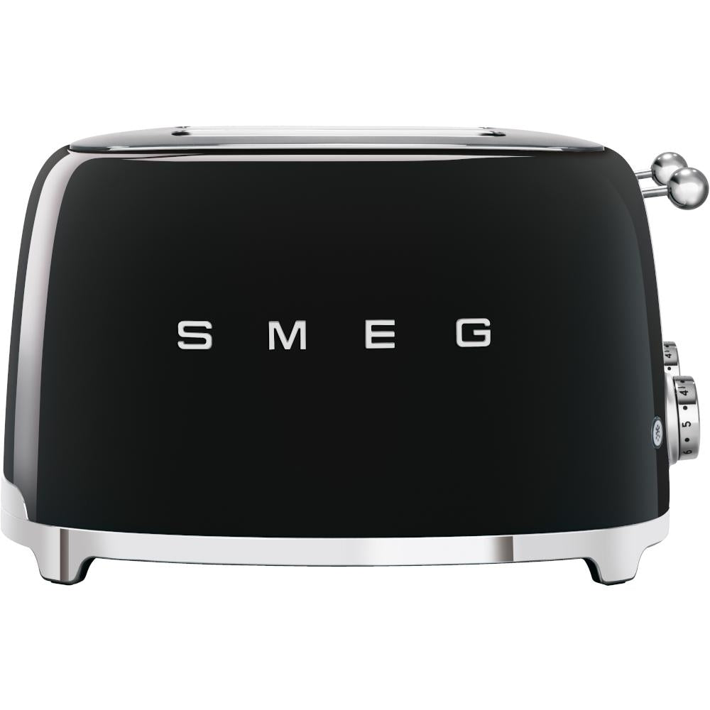 Smeg TSF03 Black Retro 4-slice toaster with stainless steel, 6 browning levels, reheat, defrost, bagel functions, at Kean’s