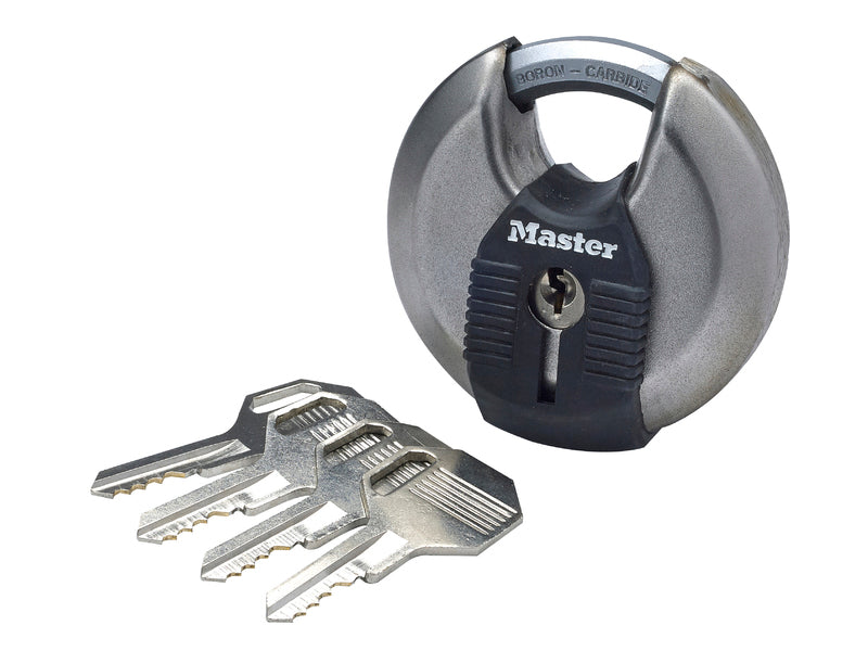 Master Lock 70mm stainless steel disc padlock with shrouded design and 4 keys – secure lock from Keans Claremorris.