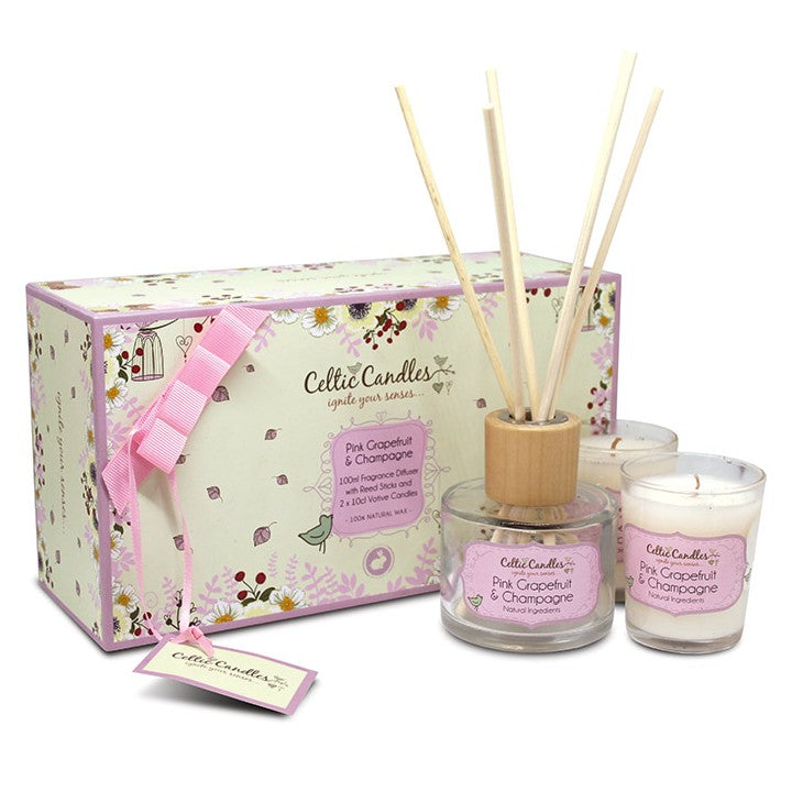 Giftbox Mini Pink Grapefruit & Champagne diffuser and votives, natural wax candles, 16-week scent, Keans Claremorris.
