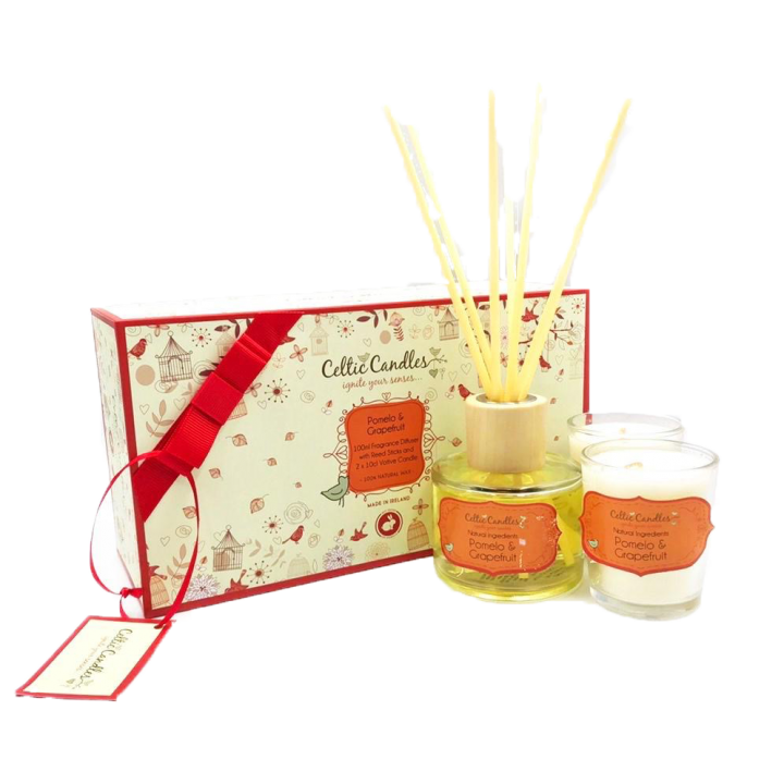 Gift Box Mini Pomelo & Grapefruit with 100ml diffuser and 2 votives, ribbon-tied packaging – Keans Claremorris.