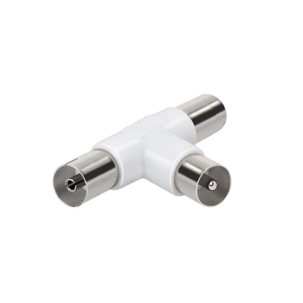 Coaxial antenna splitter 1 x 9,5 mm male to 2 x 9,5 mm female. Nickel plated