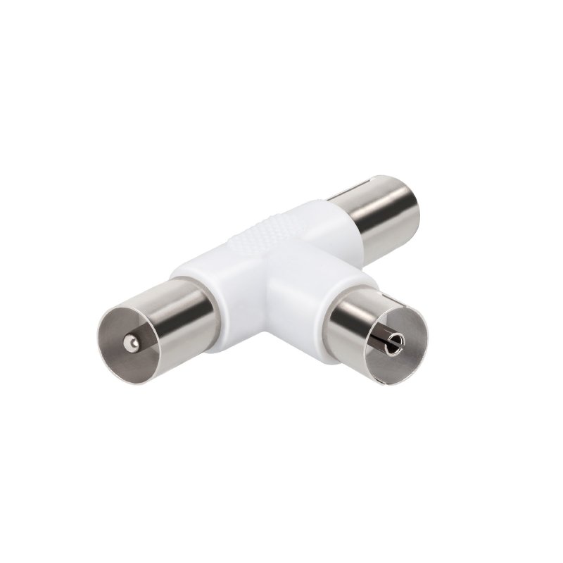 Coaxial antenna splitter 2 x 9,5 mm male to 1 x 9,5 mm female. Nickel plated