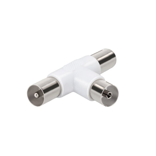Coaxial antenna splitter 2x 9.5mm male to 1x 9.5mm female, nickel plated with ribbed grip – Keans Claremorris