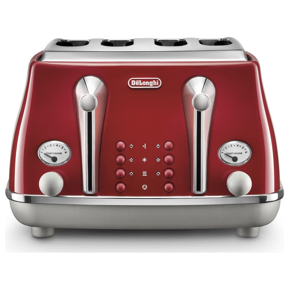 Delonghi Icona Capitals 4-slice red toaster with browning controls, defrost, reheat, crumb tray – available at Keans