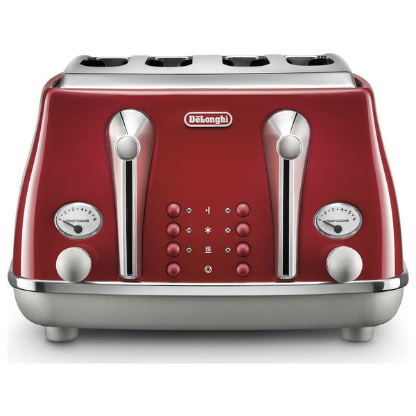 Delonghi Icona Capitals 4-slice red toaster with browning controls, defrost, reheat, crumb tray – available at Keans