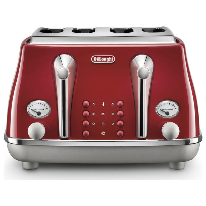 Delonghi Icona Capitals 4-slice red toaster with browning controls, defrost, reheat, crumb tray – available at Keans