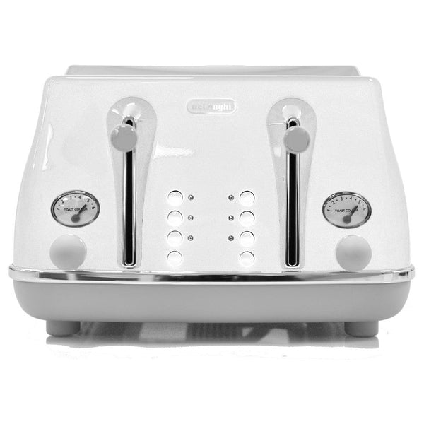 Delonghi Icona Capitals 4-slice white toaster with browning control, extra-lift, removable crumb tray – Keans Claremorris