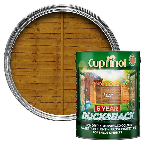 Ducksback Autumn Gold 5L wood treatment, water-based, low odor, protects fences and sheds, 5-year Cuprinol finish – Keans