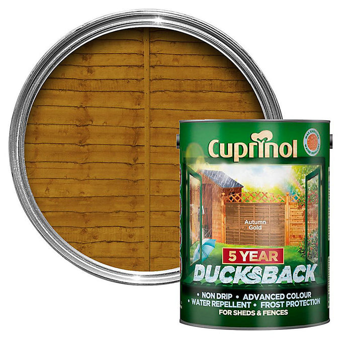 Ducksback Autumn Gold 5L wood treatment, water-based, low odor, protects fences and sheds, 5-year Cuprinol finish – Keans