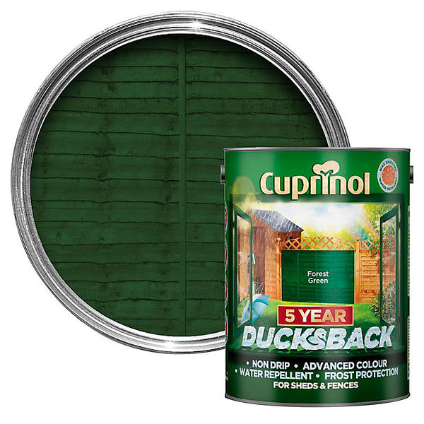 Ducksback Forest Green 5L fence paint, water-based, durable 5-year protection, easy brush or roller application – Keans