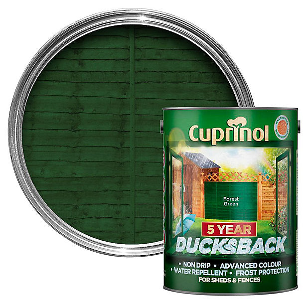 Ducksback Forest Green 5L fence paint, water-based, durable 5-year protection, easy brush or roller application – Keans