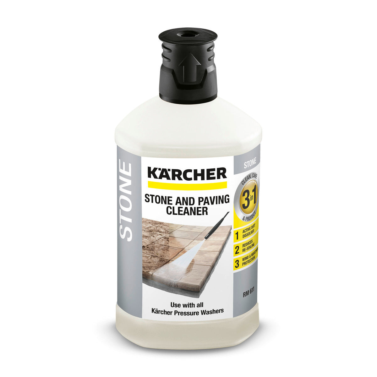 Karcher 3-in-1 Stone Cleaner 1L removes algae, dirt, protects stone & aluminum surfaces, available at Kean’s Claremorris. –