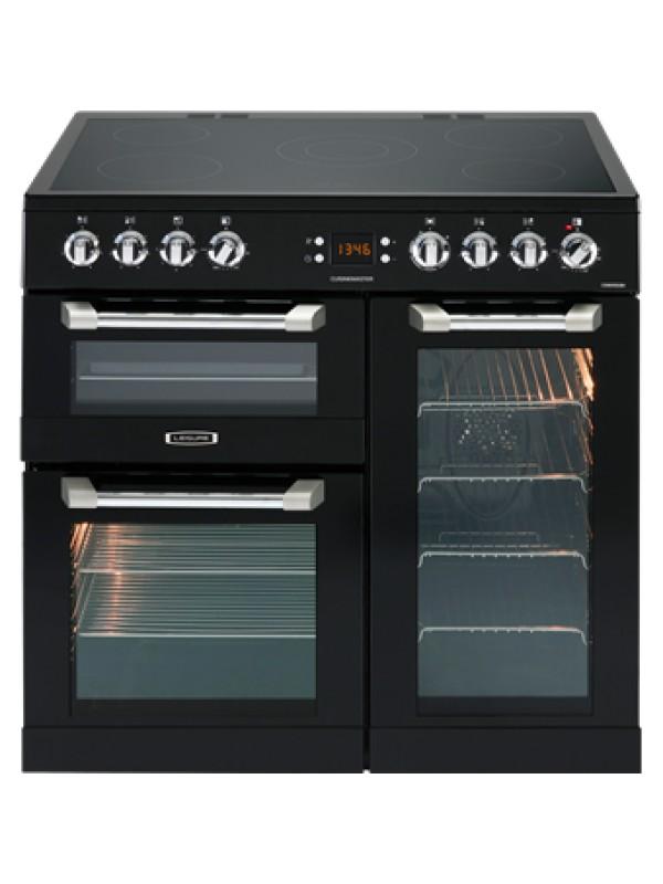 Leisure 90cm black electric range cooker with triple ovens, 5-zone ceramic hob, grill, and easy-clean liners – Keans