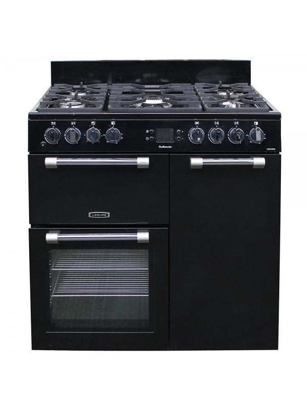 Leisure 90cm black range cooker with 3 ovens, 5-burner gas hob, programmable timer, and cook clean liners – Keans Claremorris