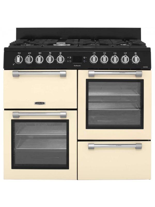 Leisure 100cm cream range cooker with 7-burner gas hob, double ovens, cast iron pan supports – available at Keans Claremorris