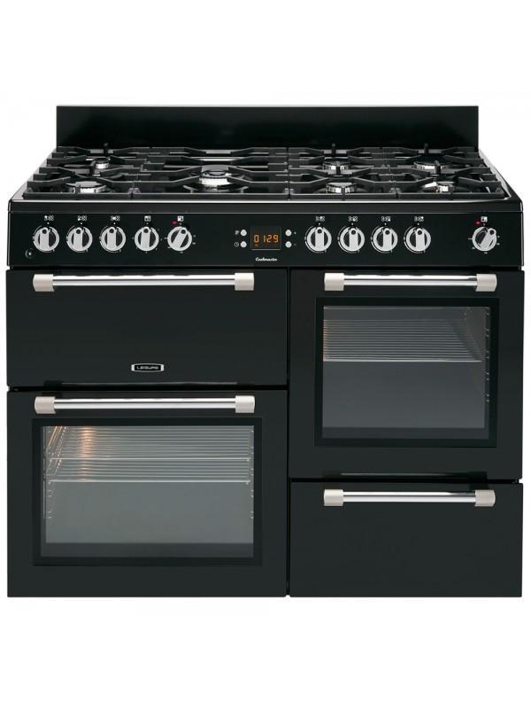 Leisure Cookmaster 100cm black range cooker with 7-burner gas hob, double electric ovens, grill, and cast iron pan supports