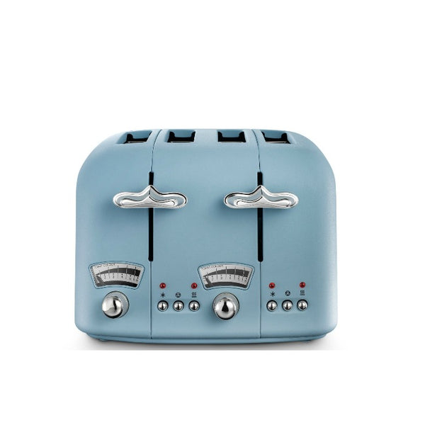 DeLonghi Argento 4-slice toaster in Flora Blue, 1800W, 6 settings with defrost and reheat functions - Keans Claremorris