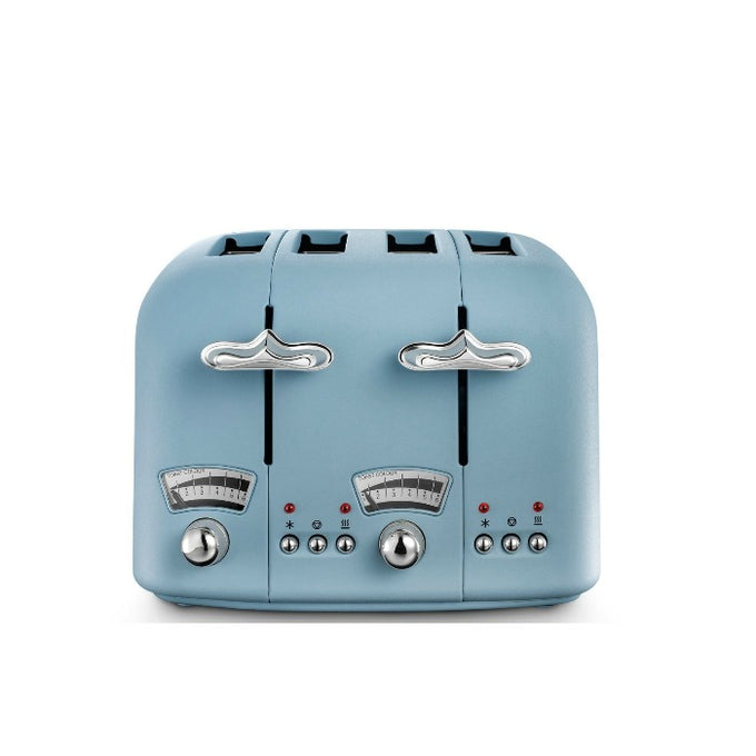 DeLonghi Argento 4-slice toaster in Flora Blue, 1800W, 6 settings with defrost and reheat functions - Keans Claremorris
