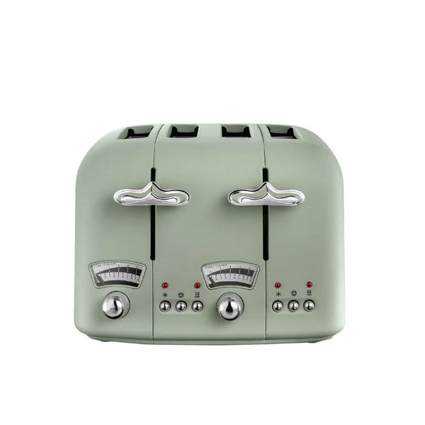 DeLonghi Argento 4-slice toaster in Flora Green, 1800W, 6 settings, defrost & reheat functions - Keans Claremorris