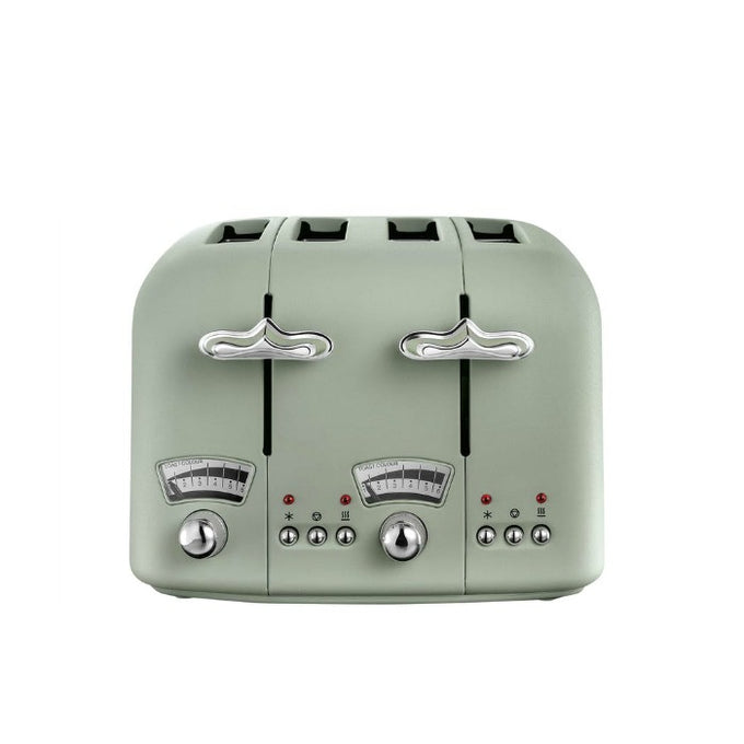 DeLonghi Argento 4-slice toaster in Flora Green, 1800W, 6 settings, defrost & reheat functions - Keans Claremorris
