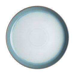Denby Azure Haze Medium Coupe Plate with blue glaze, durable stoneware, available at Keans Claremorris.