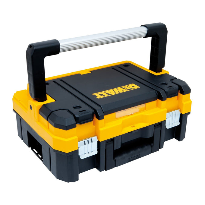 DeWalt DWST1-70704 TSTAK I 14L tool storage box with organiser lid, metal latches, padlock eyes, and TSTAK interlocking